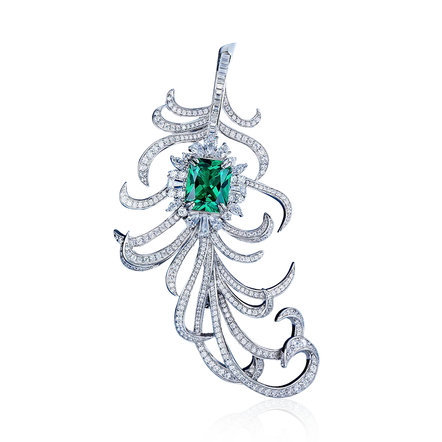 Versatile Elegance: 4CT Lab-Created Colombian Emerald & Green Spinel Feather Brooch-Necklace