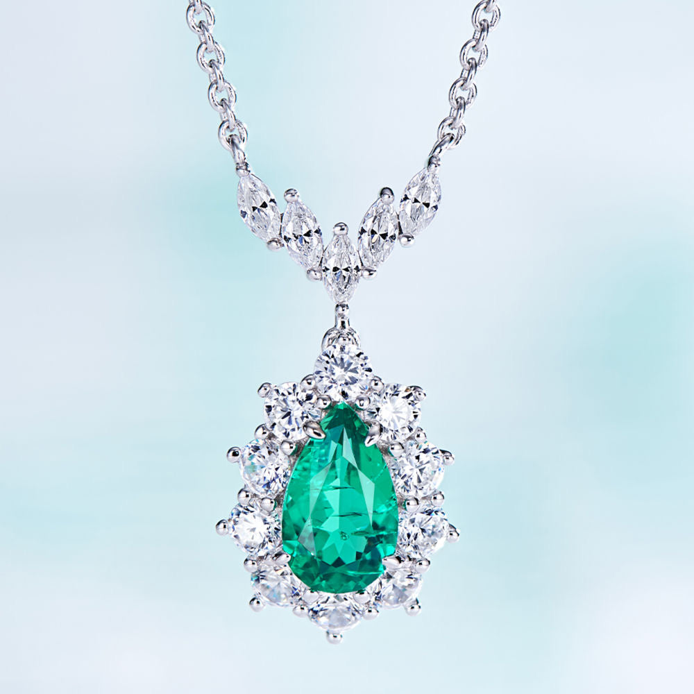 Radiant Teardrop Emerald and Zircon Pendant Necklace with GRC Certification