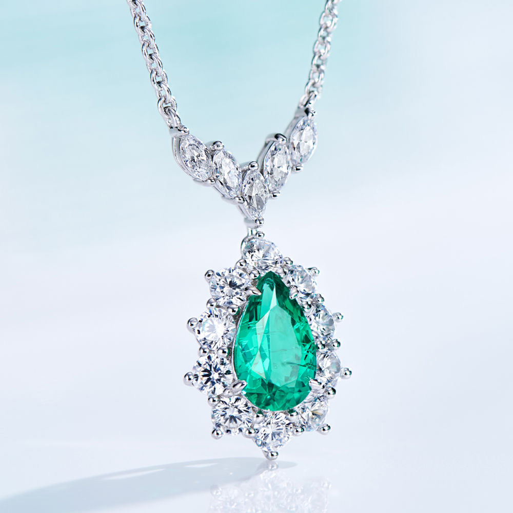 Radiant Teardrop Emerald and Zircon Pendant Necklace with GRC Certification