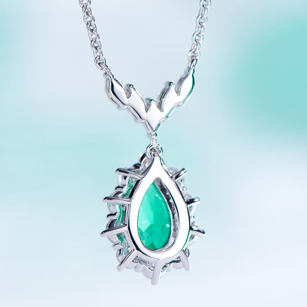 Radiant Teardrop Emerald and Zircon Pendant Necklace with GRC Certification