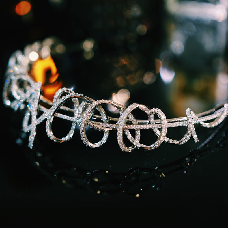 Elegant Ribbon Tiara with Natural Zircon - 24K White Gold Plated Bridal Headpiece