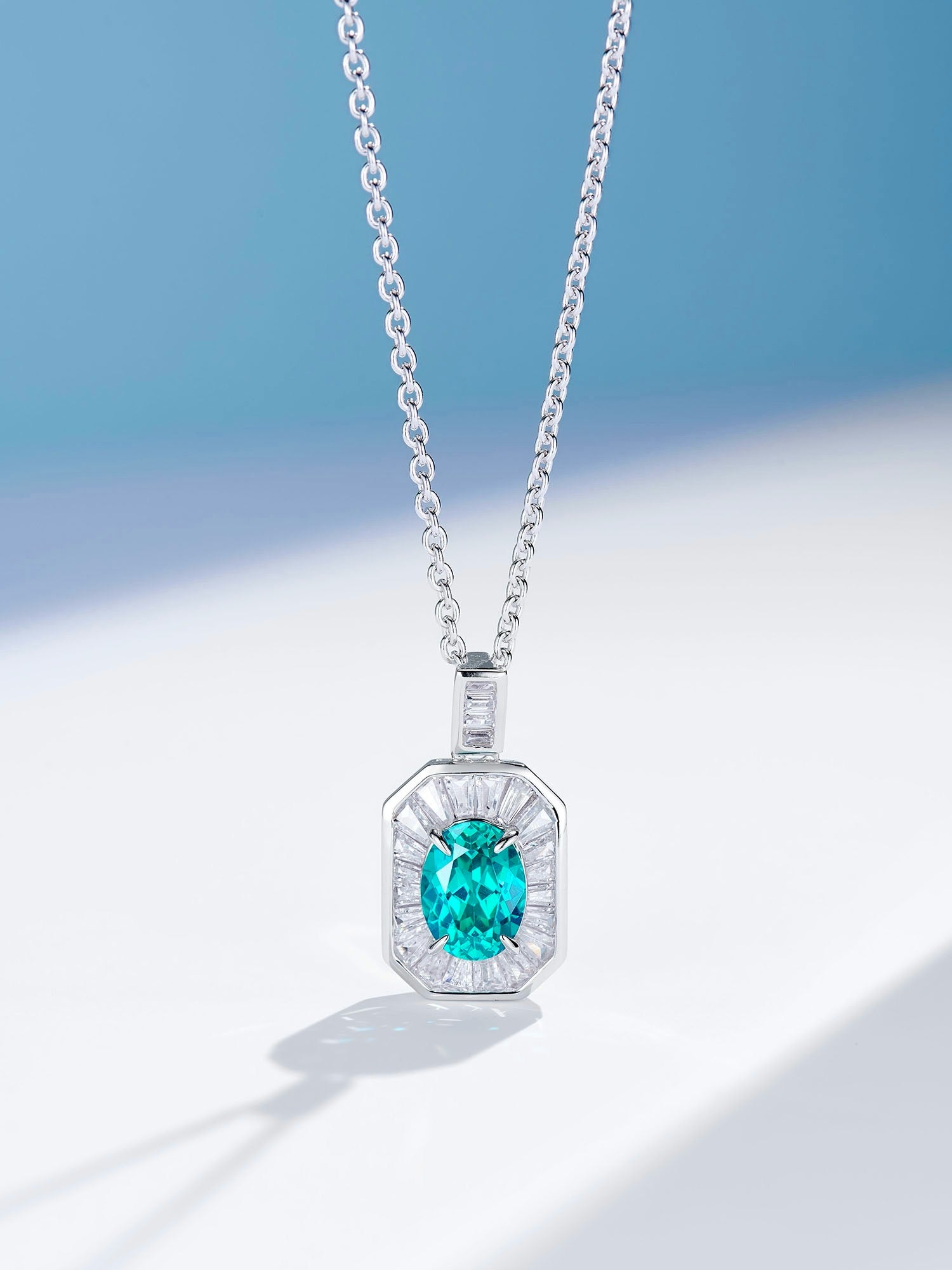 Radiant Teal Paraiba Tourmaline Pendant Necklace with Natural Zircon Accents