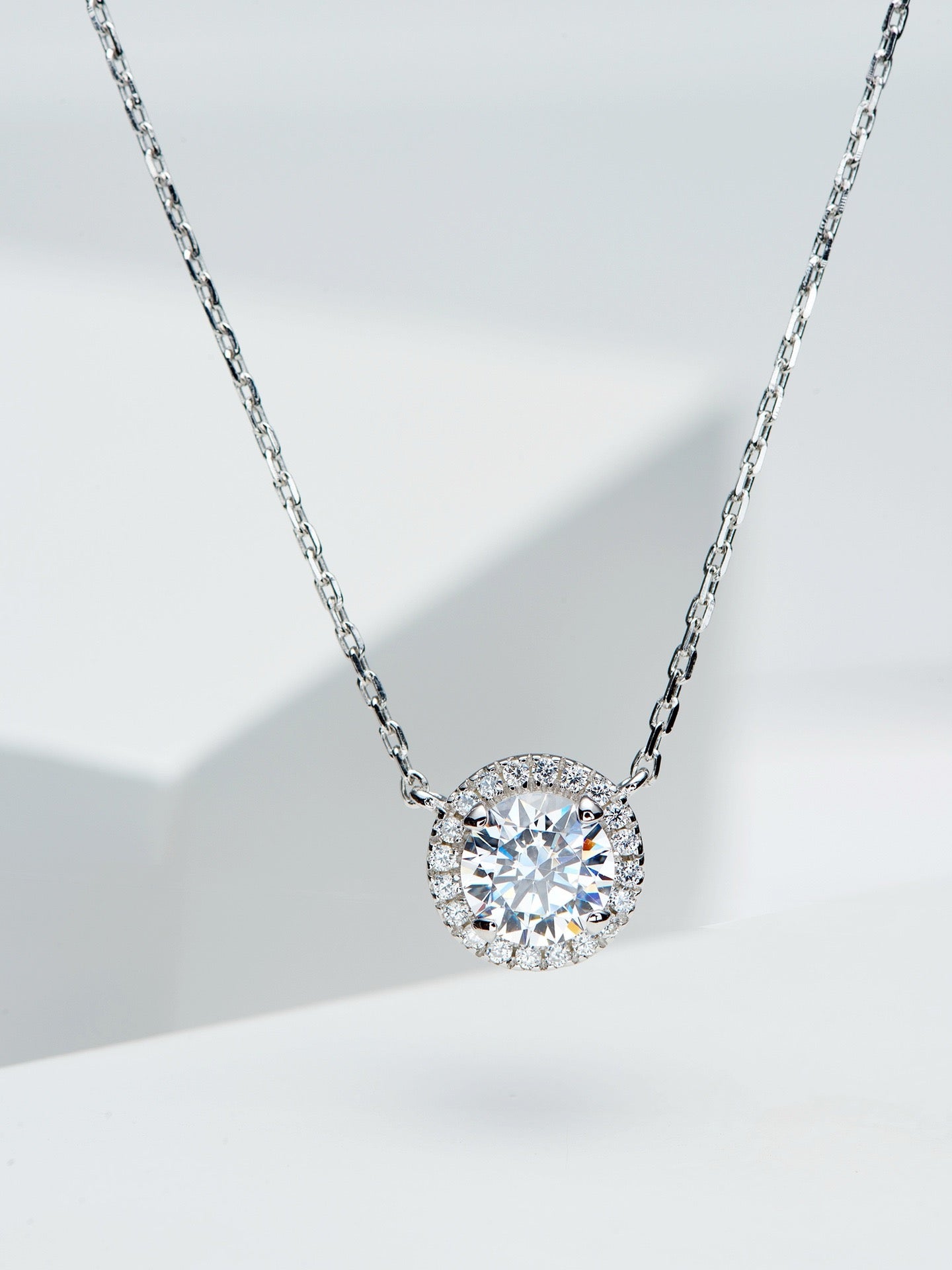 Classic Halo Zircon Necklace and Earring Set in 18k White Gold Plated Sterling Silve