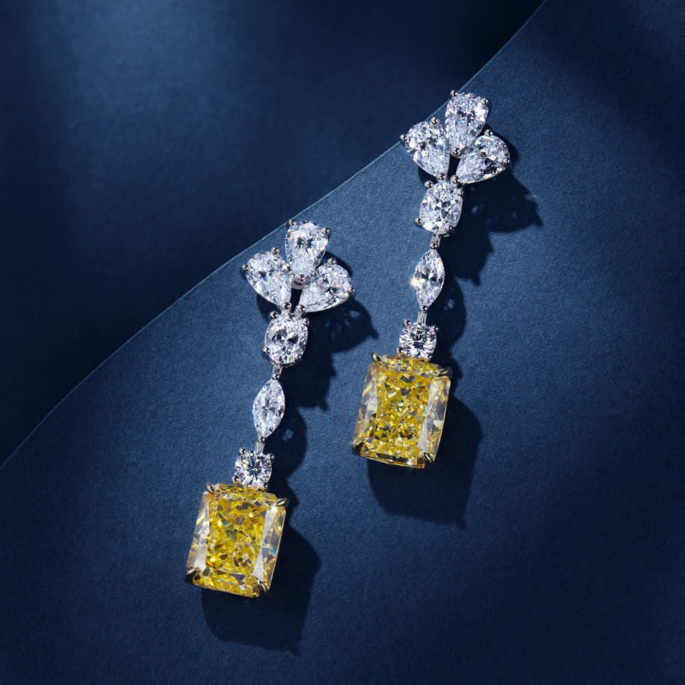 Radiant Yellow Zircon Drop Earrings with Multicut Accents in Gold-Plated Sterling Silver