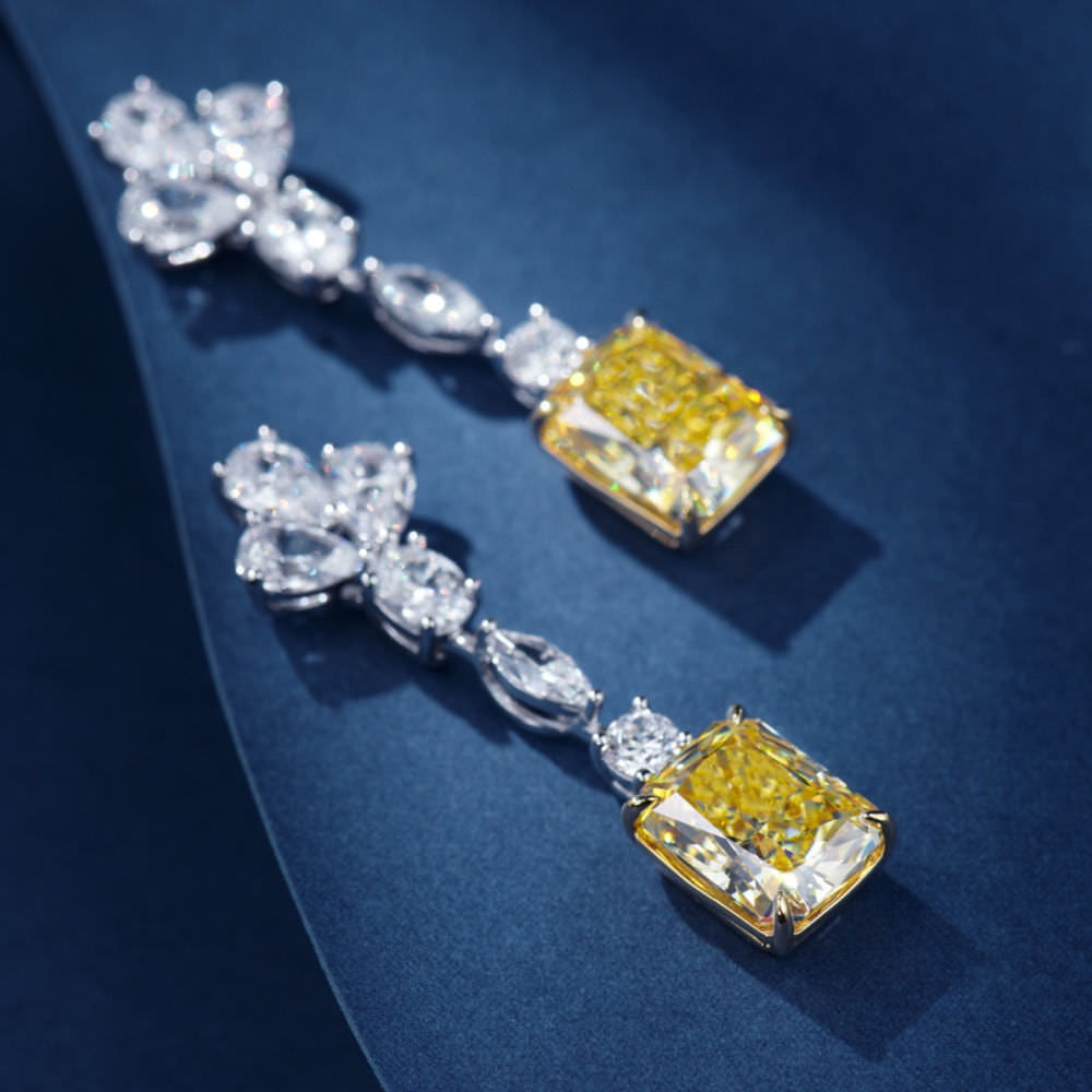 Radiant Yellow Zircon Drop Earrings with Multicut Accents in Gold-Plated Sterling Silver