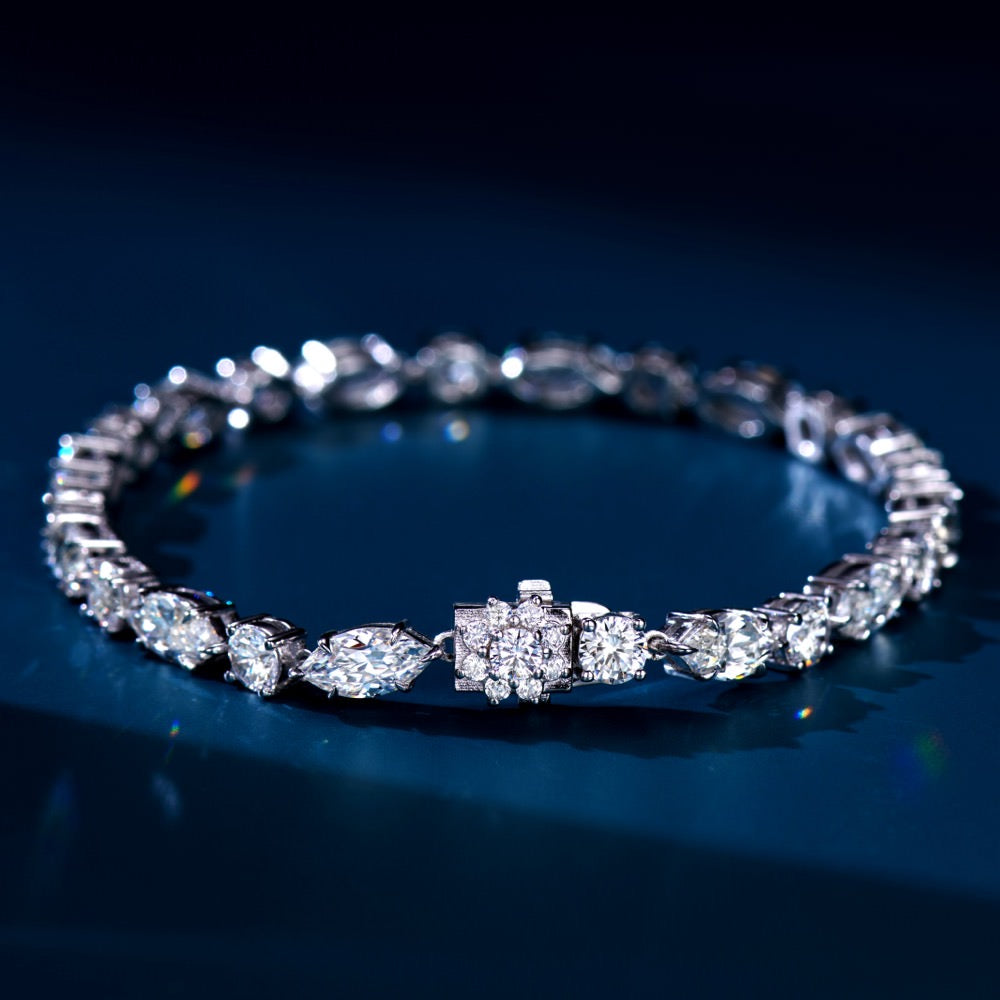 Timeless Elegance Bracelet: Silver-Gold Plated with Round and Marquise Natural Zircon