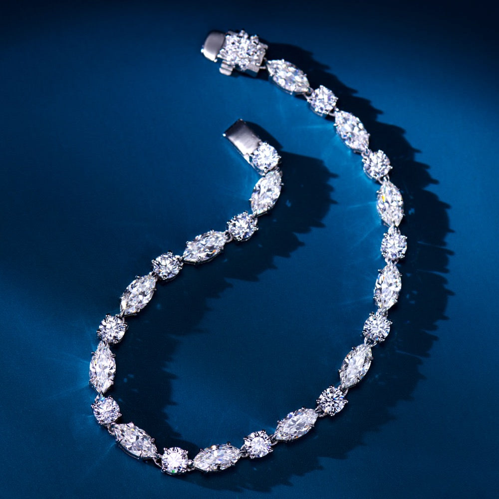 Timeless Elegance Bracelet: Silver-Gold Plated with Round and Marquise Natural Zircon