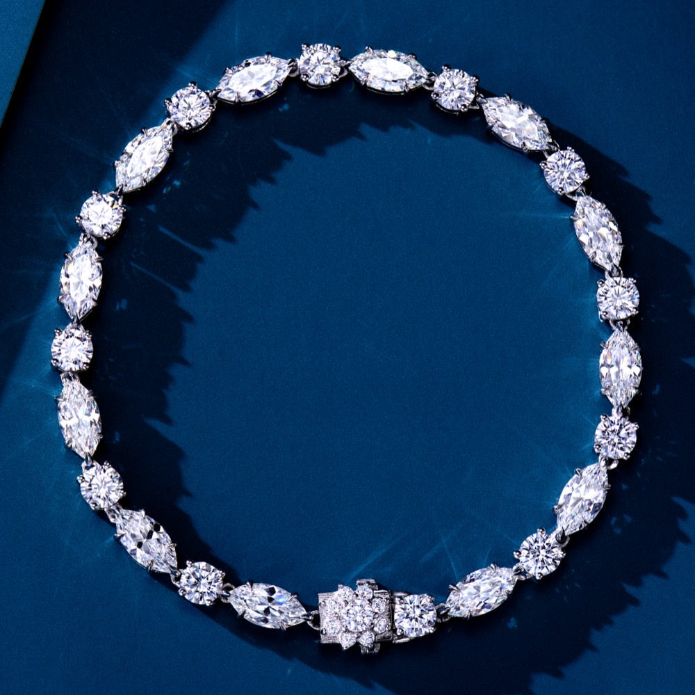 Timeless Elegance Bracelet: Silver-Gold Plated with Round and Marquise Natural Zircon