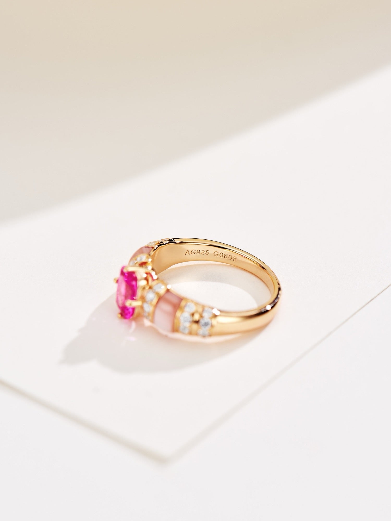 Blush Brilliance: Lab-Created Pink Diamond with Mother-of-Pearl Inlay in Gold-Plated Silver Ring