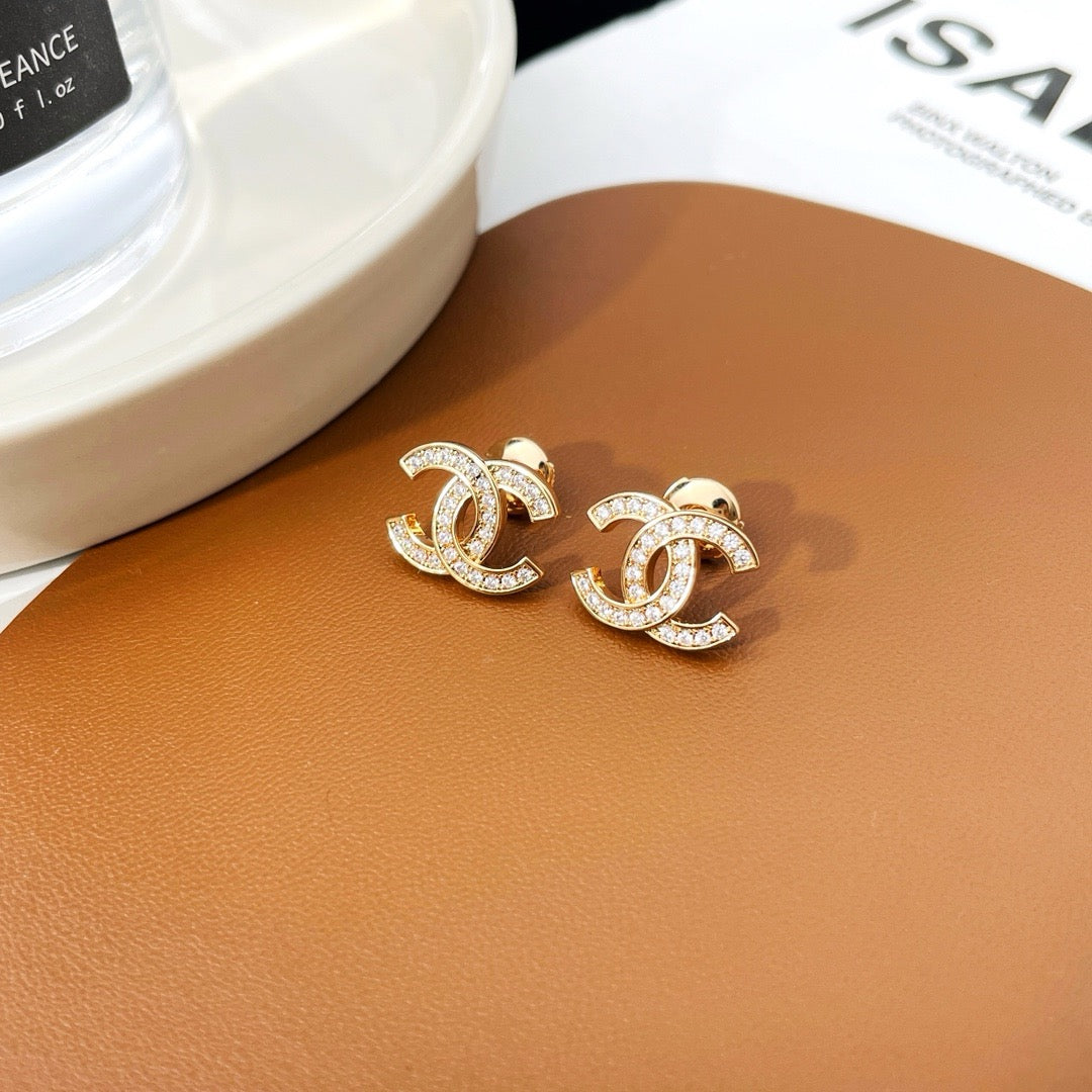 Silver with Gold Plating Crescent Stud Earrings Embellished with Natural Zircon - Available in Silver and Gold