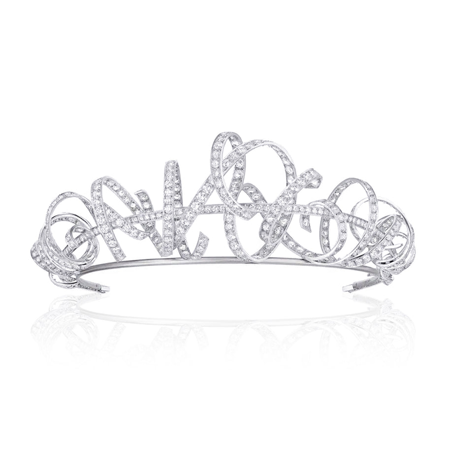 Elegant Ribbon Tiara with Natural Zircon - 24K White Gold Plated Bridal Headpiece