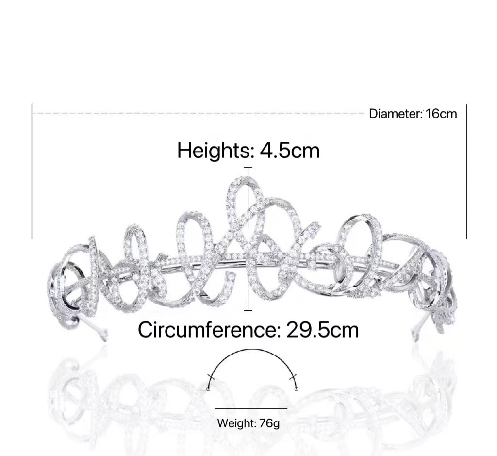 Elegant Ribbon Tiara with Natural Zircon - 24K White Gold Plated Bridal Headpiece