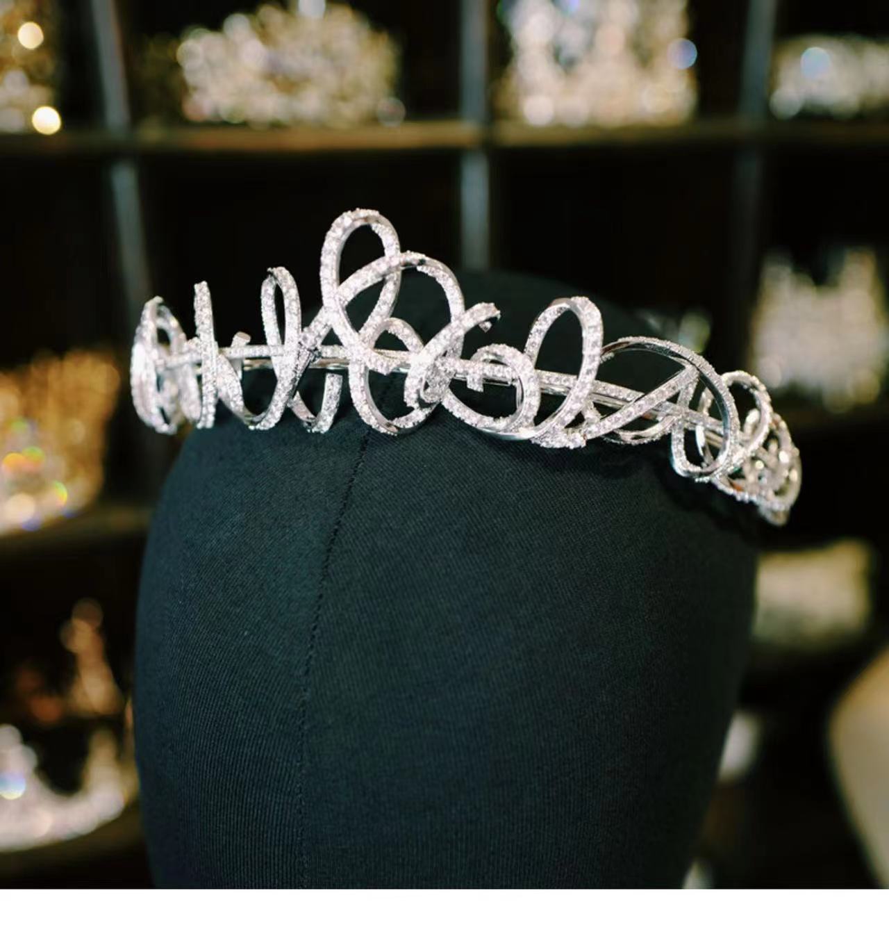 Elegant Ribbon Tiara with Natural Zircon - 24K White Gold Plated Bridal Headpiece