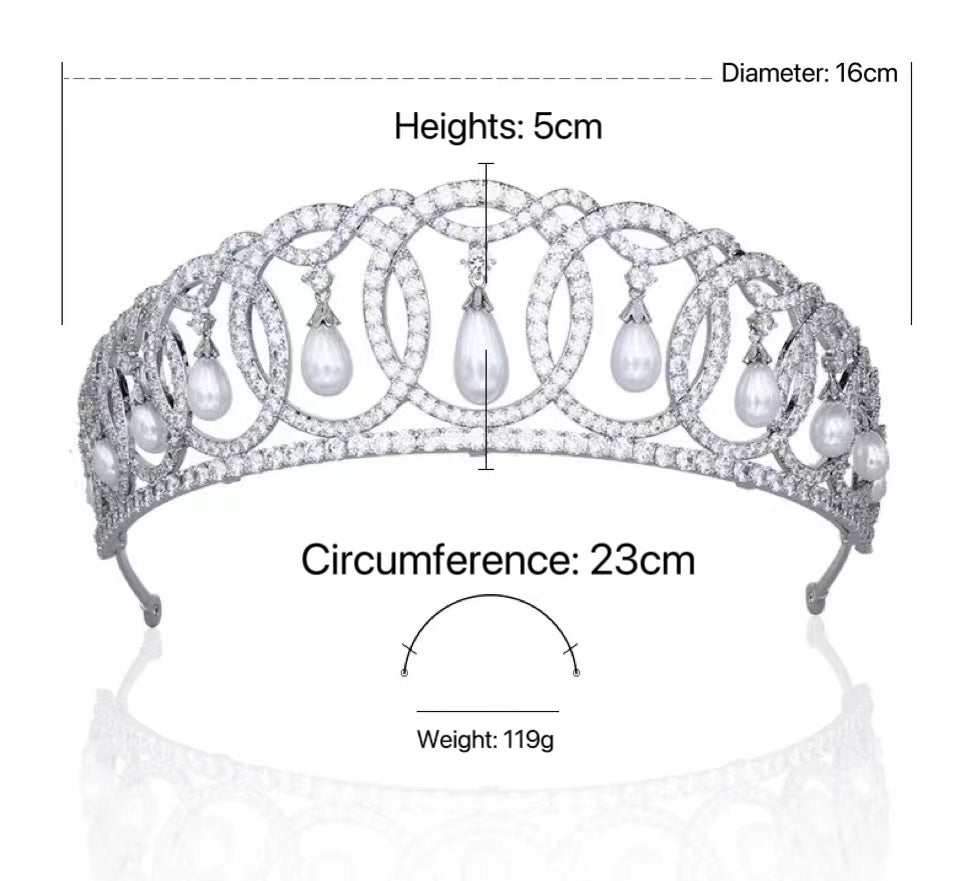 Luxurious Royal Family Tiara - Inspired by Queen Elizabeth Crown, Pearl & Zircon, 24K White Gold Plated